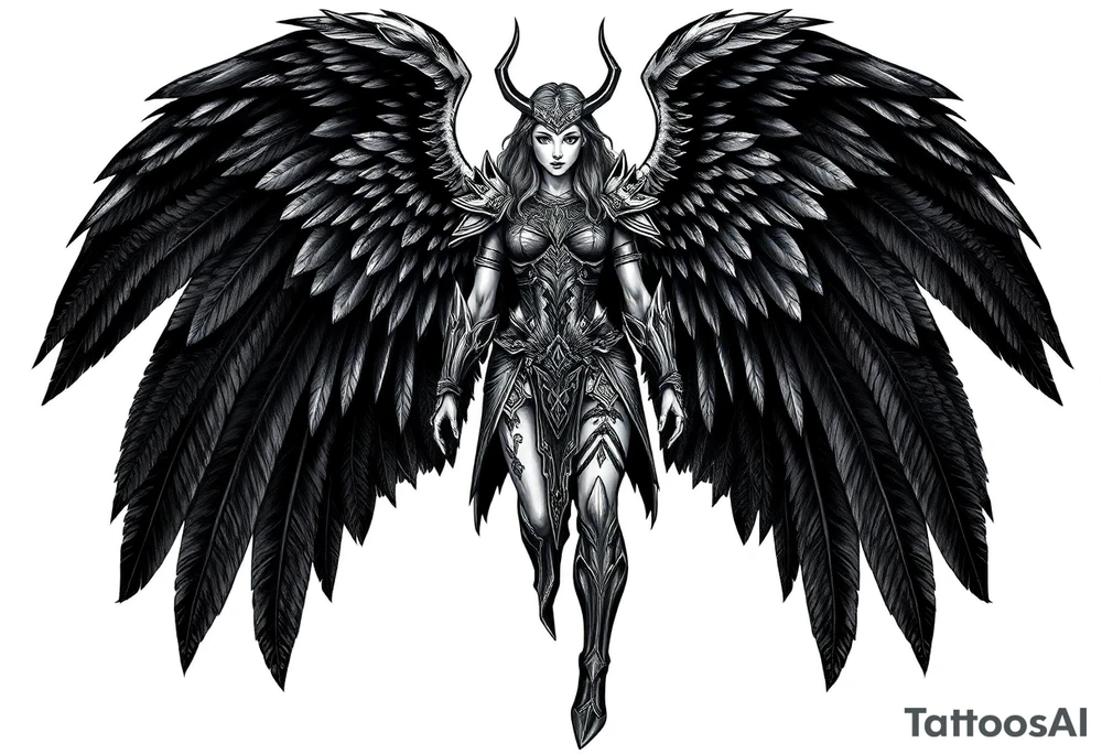 A fierce looking Valkyrie with very big dark wings. The whole body with legs should be visible.
She has armor tattoo idea