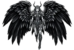 A fierce looking Valkyrie with very big dark wings. The whole body with legs should be visible.
She has armor tattoo idea