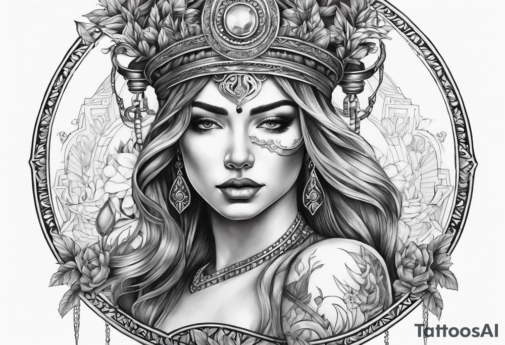 Blind folded goddess with libra and dagger tattoo idea