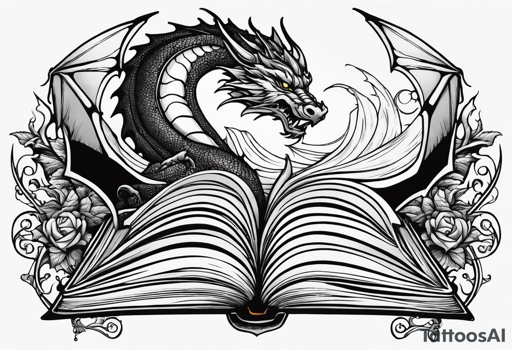 An open book with a dragon from First Wing curled up and resting underneath it. Coming out of the book will be a trident, a golden snitch, lexa's tattoo from the 100, the number four from I am Number Four, a duantless symbol. tattoo idea