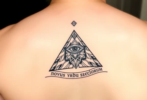 Pyramid with eye in the center, diamond on the top,surrounded by words - novus ordum seclorum tattoo idea