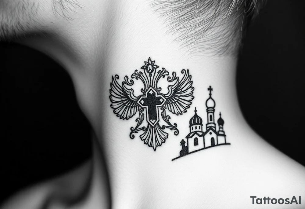 russian coat arms in a russian christian orthodox cross with the cross in the middle with a virgin mary & orthodox dome church on the side of the neck tattoo idea
