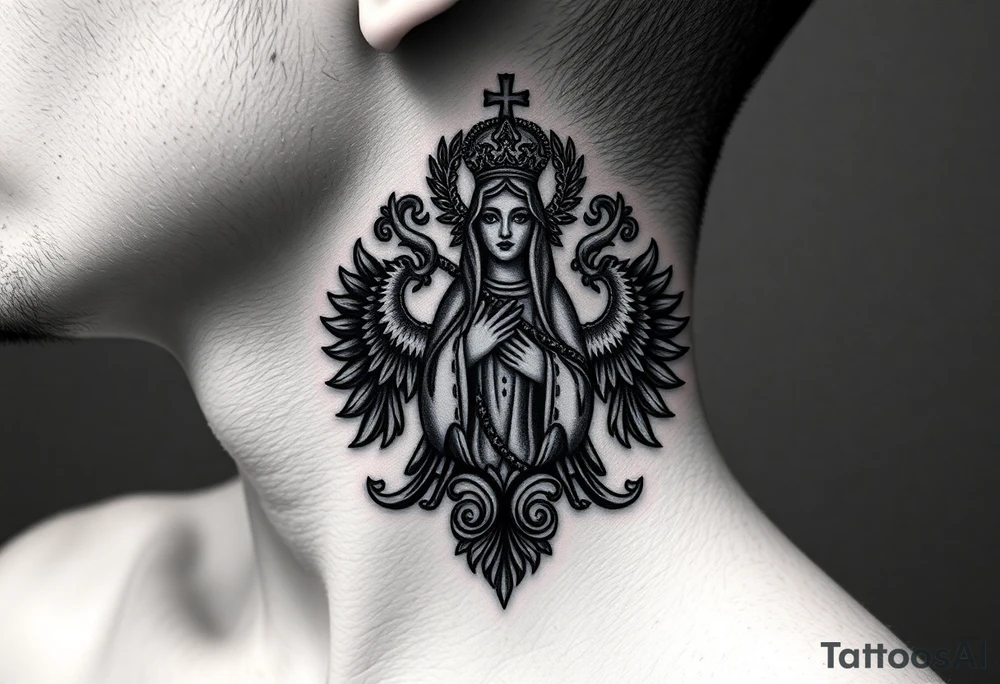 russian coat arms in a christian orthodox style virgin mary on the side of the neck tattoo idea