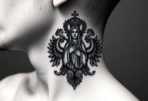 russian coat arms in a christian orthodox style virgin mary on the side of the neck tattoo idea