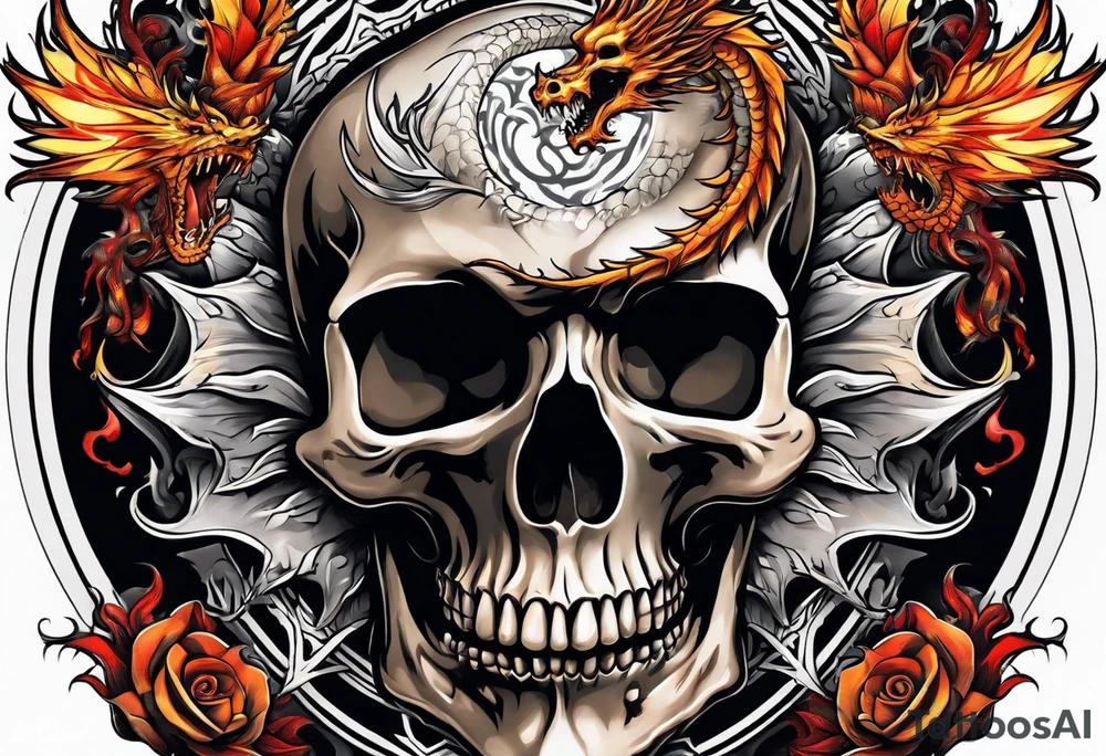 Flying fiery skull with encircling dragon tattoo idea