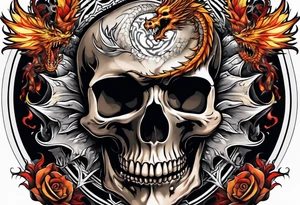 Flying fiery skull with encircling dragon tattoo idea