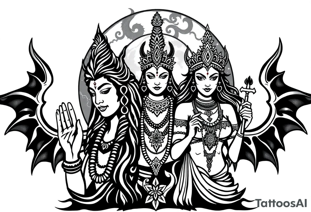 Lord Shiva, Godess Kali, Godess Lilith Together with the moon in the background tattoo idea
