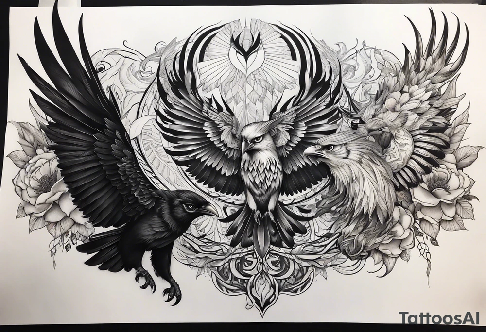 Phoenix with Raven and Tiger on left side and deer and owl on right tattoo idea