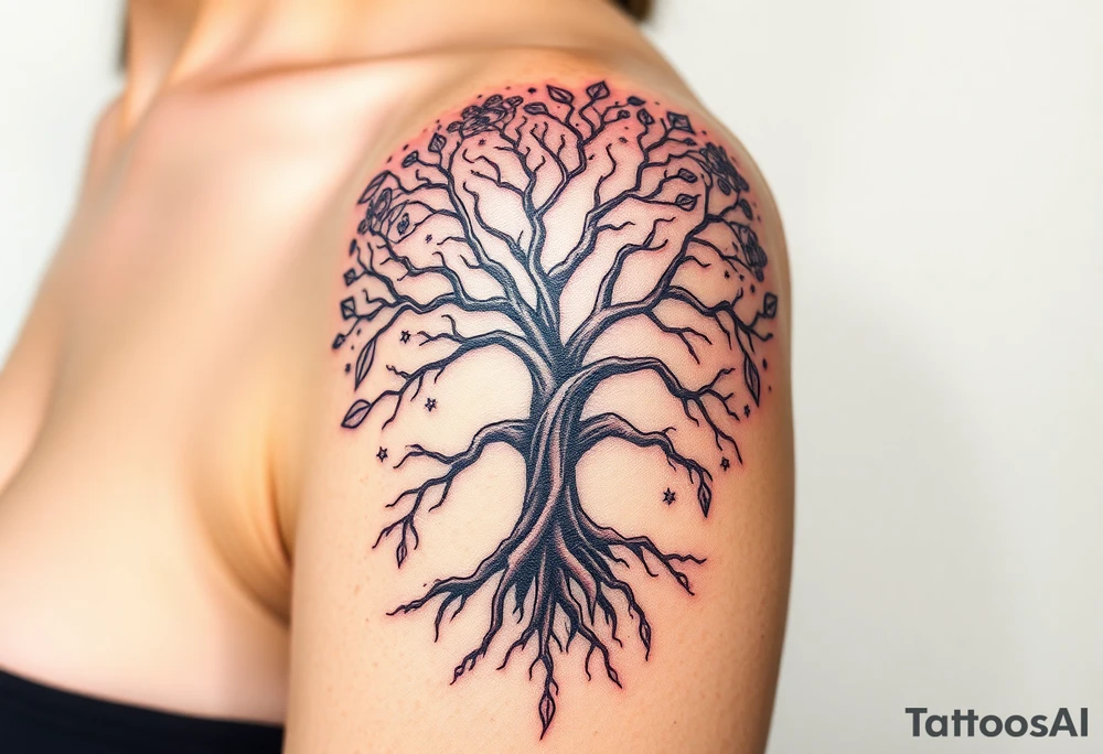 mystical tree of life with cosmic roots and celestial branches, 
more full tree and sparkles around ethereal, making it a scene in a galaxy background 
encapsulate the shoulder branches go down to elbow tattoo idea
