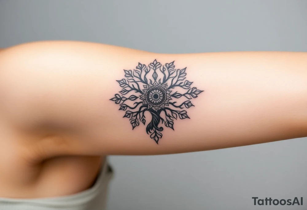 powerful, graceful, tree of life, with mandala incorporate, and jewels, sparkling tattoo idea