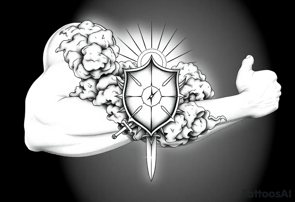 clouds, shield, sword, sun ray tattoo idea
