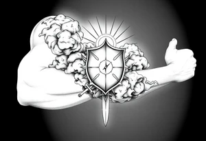 clouds, shield, sword, sun ray tattoo idea