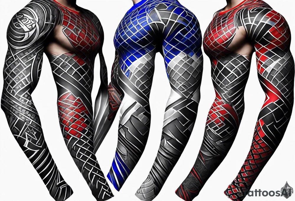 Full Arm sleeve, black, gray, silver, red, royal blue, subtle motorcycle chain, wrestler tattoo idea