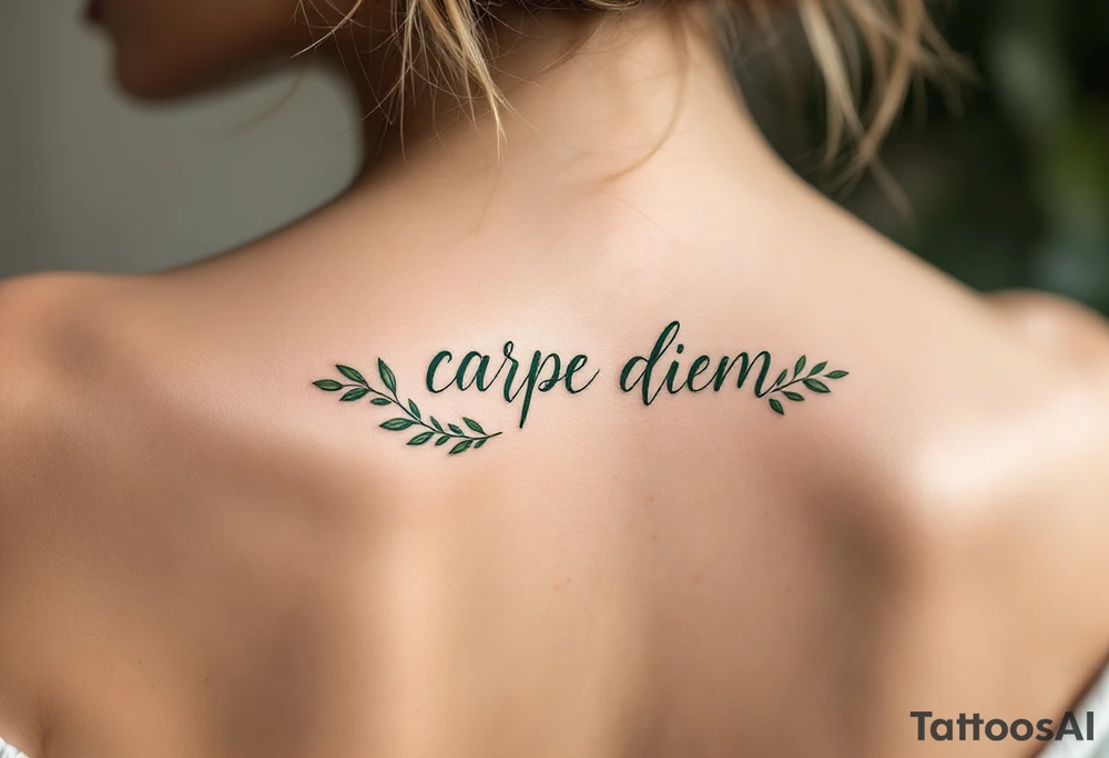 Elegant script "carpe diem" in deep forest green, framed by a wreath of olive branches. tattoo idea