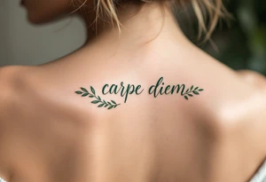 Elegant script "carpe diem" in deep forest green, framed by a wreath of olive branches. tattoo idea