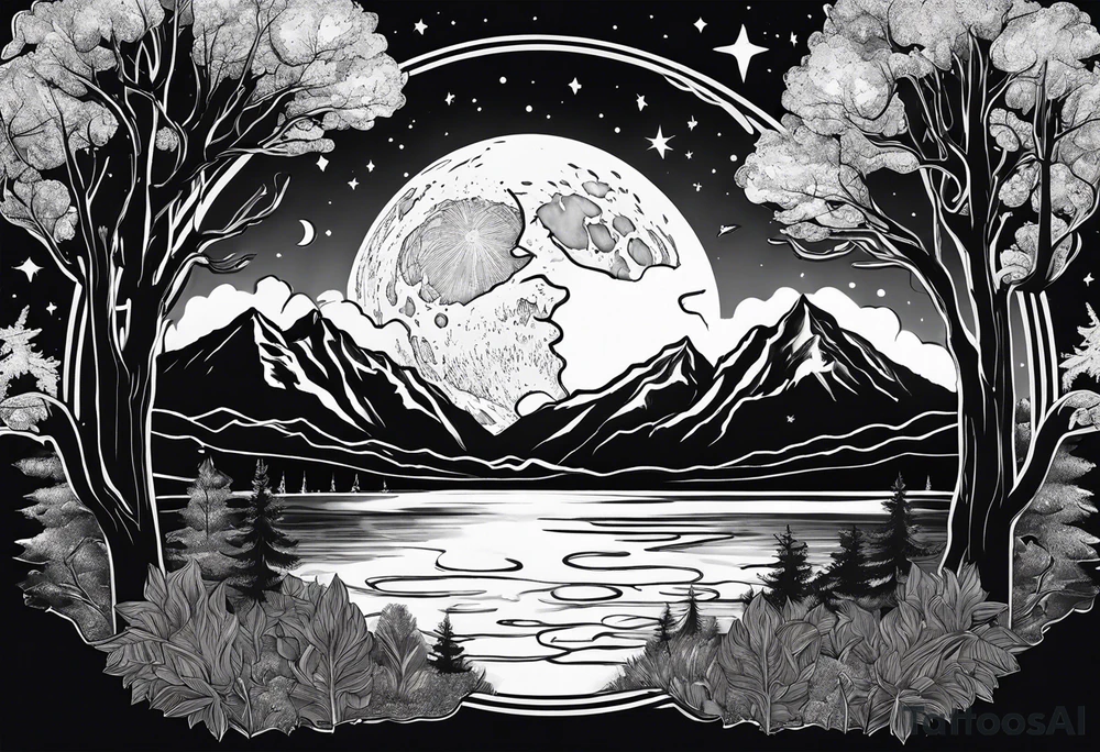 Picture of the moon, trees, lake, mountains and night sky in a circle with paint dripping tattoo idea
