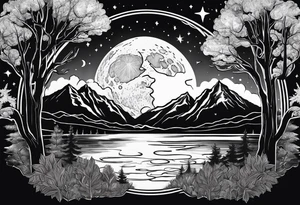 Picture of the moon, trees, lake, mountains and night sky in a circle with paint dripping tattoo idea