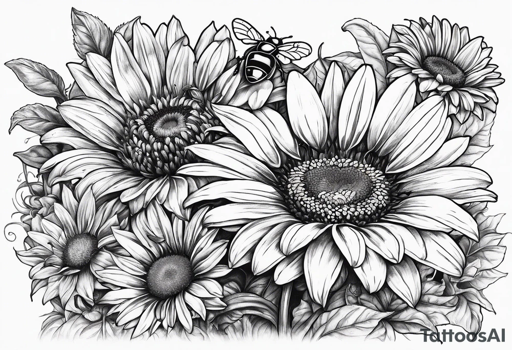 fine line drawing of gerber daisy lilies and sunflowers with a bee and a lady bug tattoo idea