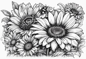 fine line drawing of gerber daisy lilies and sunflowers with a bee and a lady bug tattoo idea