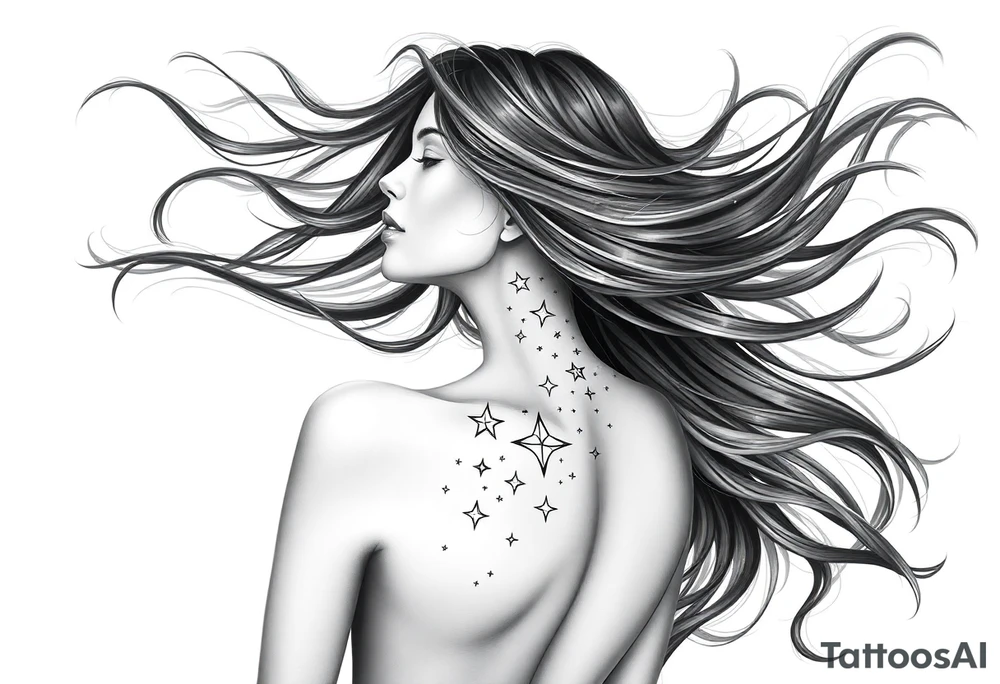 ethereal faceless women body with flowing hair and beautiful celestial stars tattoo idea