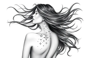 ethereal faceless women body with flowing hair and beautiful celestial stars tattoo idea