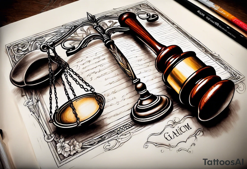 Law scales of justice books gavel tattoo idea
