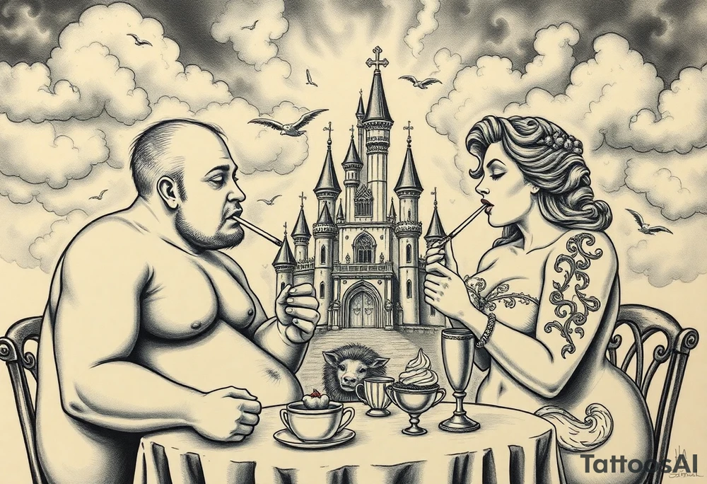 Naked Man and fat woman having sex eating cupcakes and  fruit  having sexy naked fat lady having a tea party with tea pots  swith fancy castle  
with mystical  aries a pigs, peacock,  lion, goat, noose and smoking cigerettes looking in the mirror thru storm clouds and broken hearts and darkness and wrath, envy , gluttony, greed, sloth, pride . Gothic tattoo idea