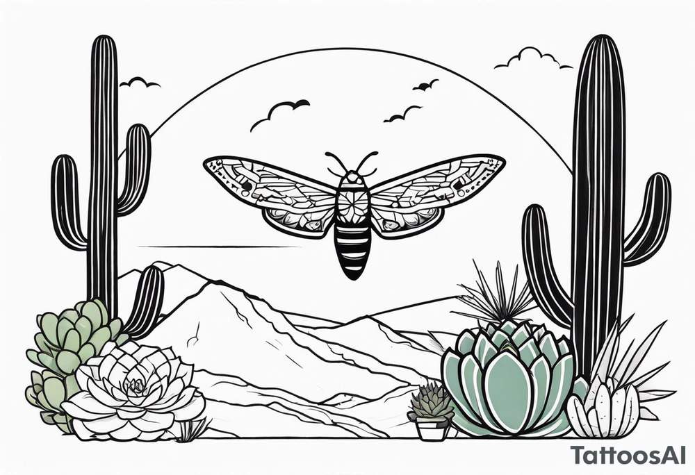 Modern Mexican style small moth flying over a desert garden with cactus and small succulents tattoo idea