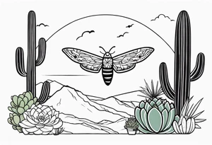 Modern Mexican style small moth flying over a desert garden with cactus and small succulents tattoo idea