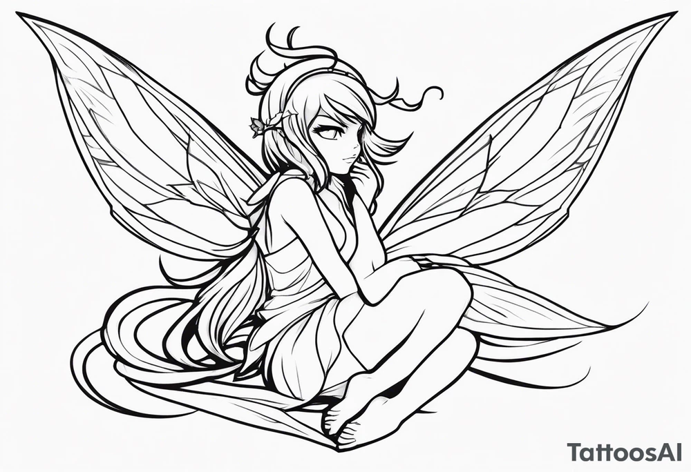 No color sketch of a fairy with a tail inspired by the guild symbol in the anime show called Fairy Tail in a fetal position leaning in and forward while crawled in hugging herself floating with hands a bit forward and her body is an angle tattoo idea