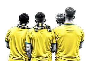 4 soccer fans from their backs, wearing yellow blue shirts. the second one from left having a kid on his shoulders, and he's rising a scarf.
the right one is older and shorter tattoo idea
