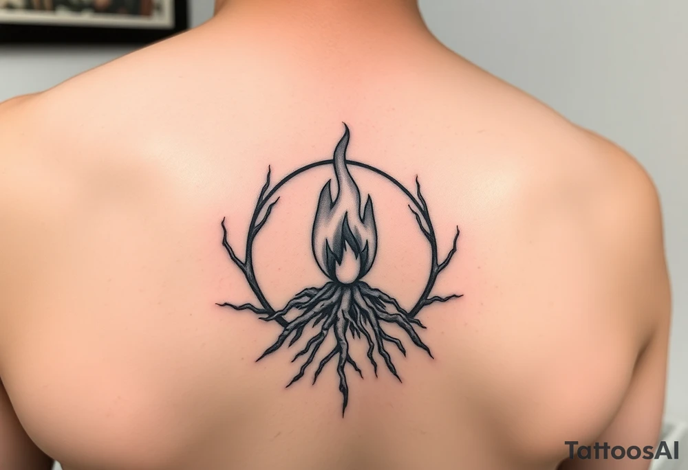 a flame imprisoned in roots circle on the shoulder tattoo idea