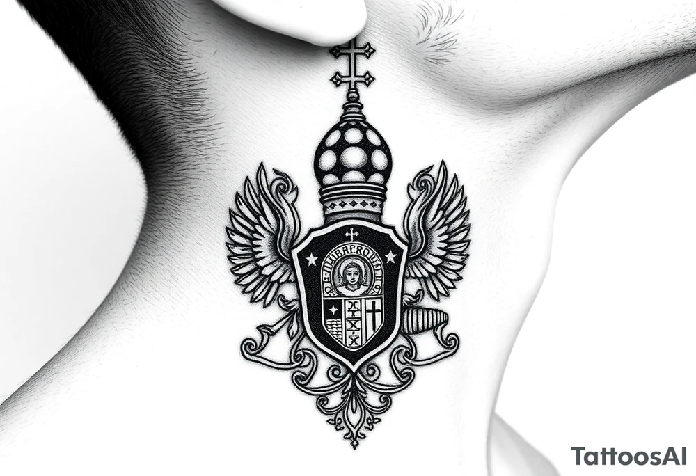 russian coat arms in a russian christian orthodox style virgin mary & orthodox dome church on the side of the neck tattoo idea