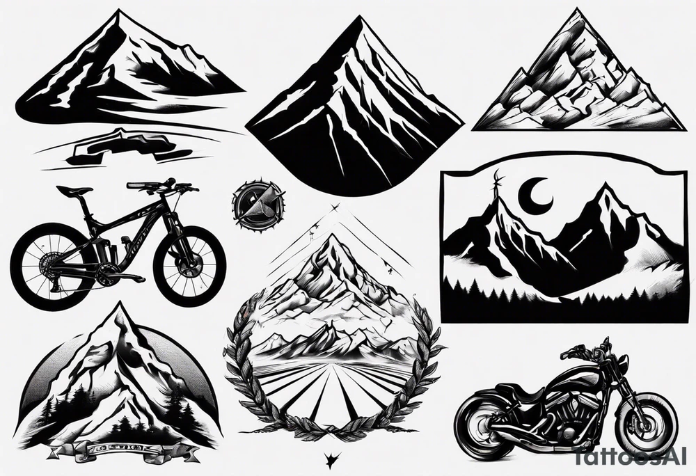 road cycle, flexing muscle and a mountain tattoo idea