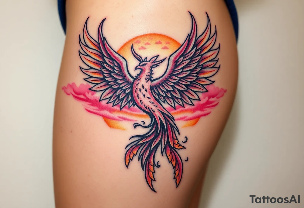 magnificent phoenix rising from flames with trailing embers with a pink and golden sunset and sky with puffy clouds and heaven backdrop tattoo idea