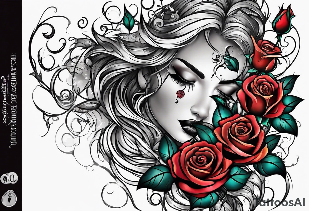 Metallic vines and roses with a crying face tattoo idea