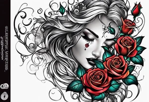 Metallic vines and roses with a crying face tattoo idea