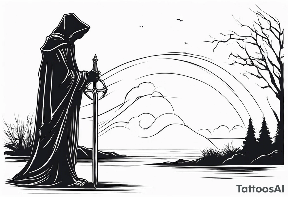 The grim reaper standing from a side profile praying with a Rosery wrapped around his hands tattoo idea