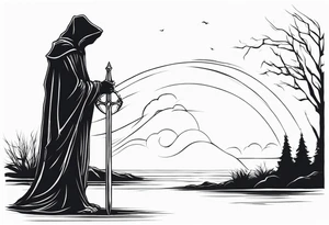 The grim reaper standing from a side profile praying with a Rosery wrapped around his hands tattoo idea