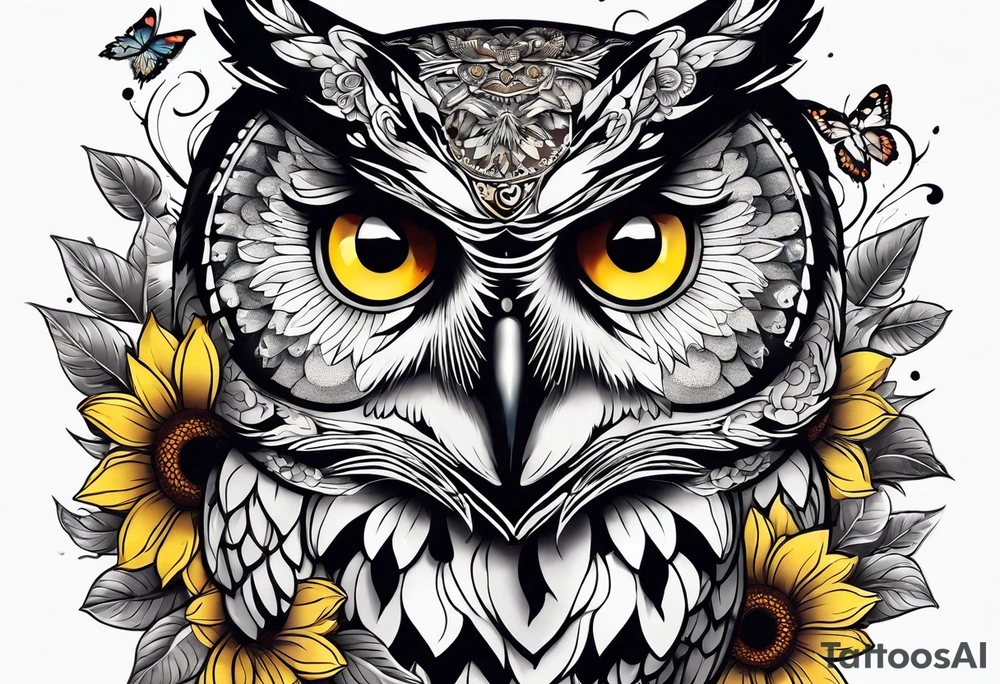 Sleeve with a owl sunflower and butterfly tattoo idea