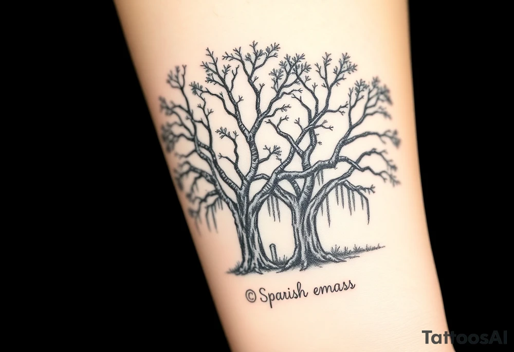 Laurel oak trees with Spanish moss in a cemetery tattoo idea