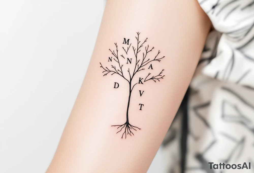Minimalist Line Art Tree with Initials – A thin, elegant tree drawn in black fine line, with delicate branches all bearing initials "M, N, A, D, K, V, L, T" in subtle gray ink, rooted in a simple base. tattoo idea