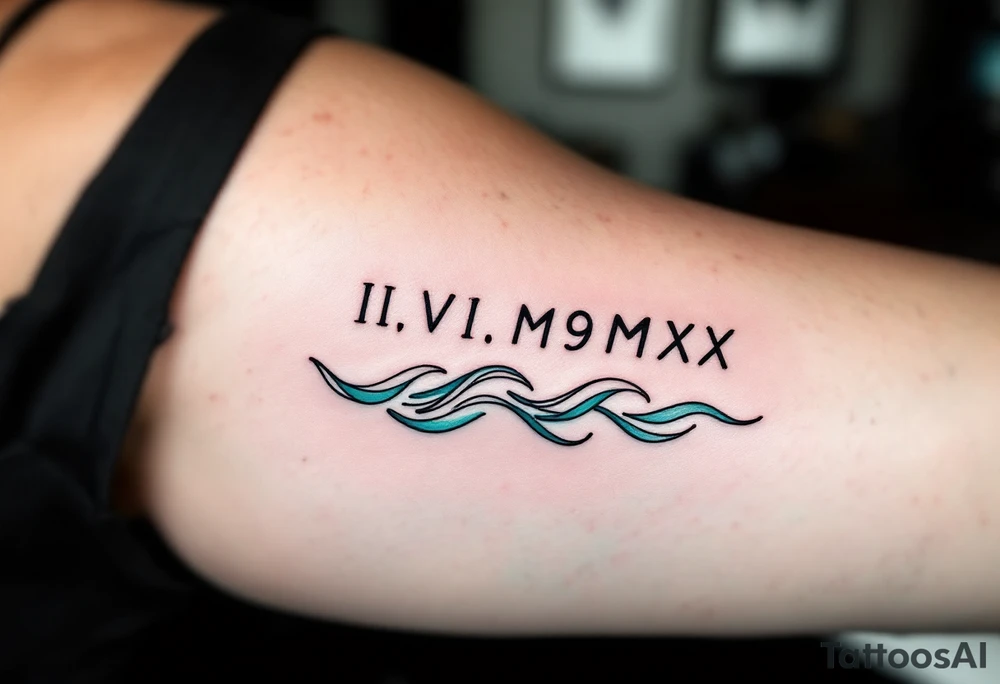 Fine-line II.VI.MMXX in dark ink on the inner bicep, with stylized waves in desaturated teal flowing beneath. tattoo idea