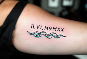 Fine-line II.VI.MMXX in dark ink on the inner bicep, with stylized waves in desaturated teal flowing beneath. tattoo idea