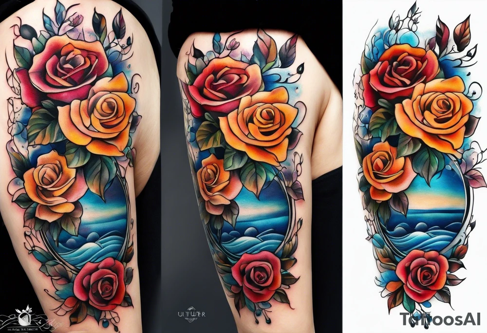 Front knee tattoo with fall colors, small flowers, rose, leaves, blue water flows with washes and background tattoo idea