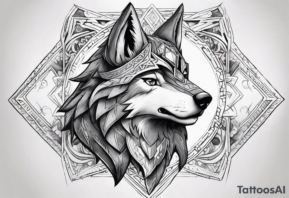 Legend of zelda link wolf in profile, in the center of his forhead is a diamond shape with a dot in the middle tattoo idea