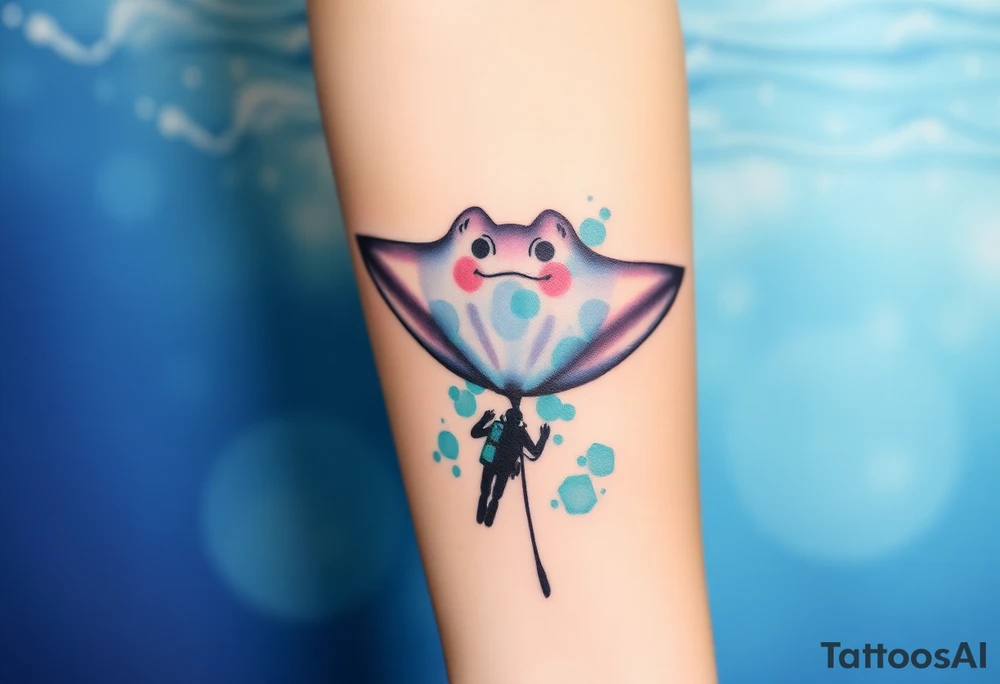 Manta ray silhouette, scuba diver underneath, water backround tattoo idea