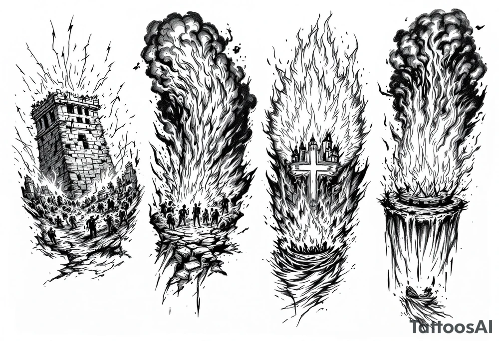 in order.
1. A crumbling tower struck by lightning, with people scattering in chaos.
2. Fire raining down from heaven on a burning city, with smoke rising.
3. A blazing altar with fire falling from heaven
 4. Floodwaters overtaking the earth, with an ark in the distance. tattoo idea