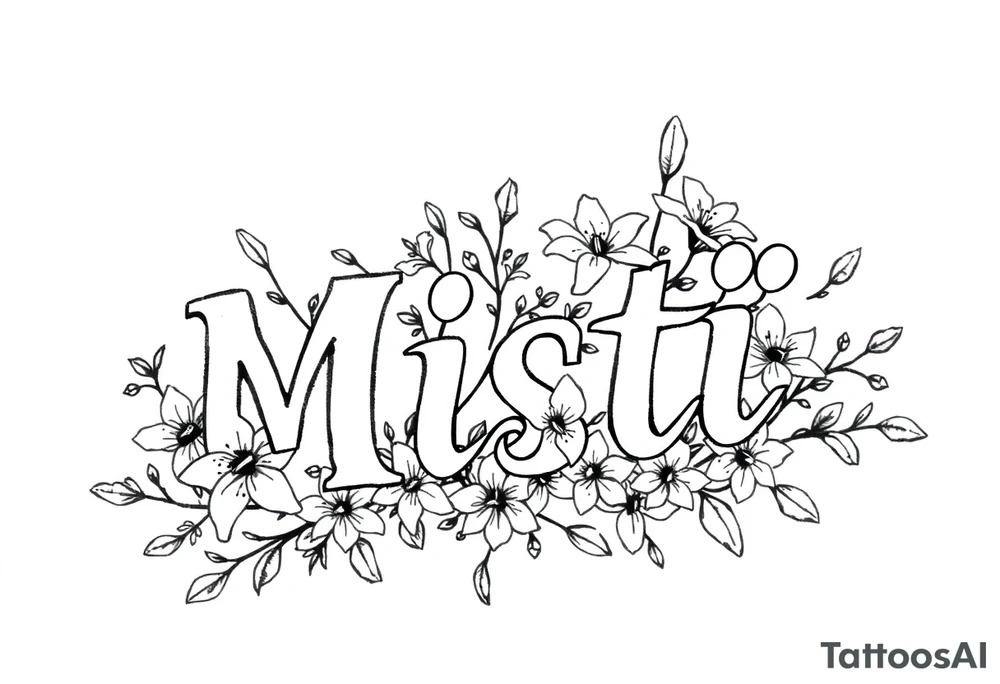 The word Misti surrounded by flowers, lilies. Vine in the letters. tattoo idea