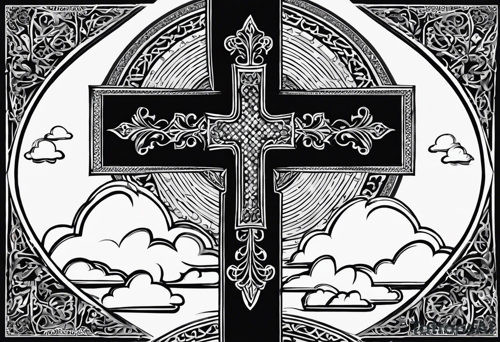Arabic bible verse with a cross in the background and clouds surrounding the cross. make it realistic and the cross is very simple. The words will be written over the cross. tattoo idea